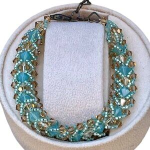 Aquamarine Blue and Golden Beige Flat Spiral Stitch Seed Bead Bracelet 8.5